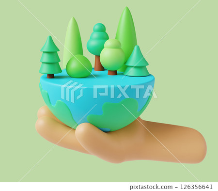 Hand holding a miniature world with trees. 3D render illustration 126356641
