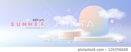 Summer podium display, colorful banner design on cloud background  126356688