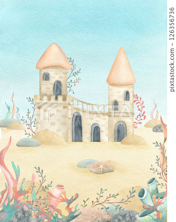 Underwater castle surrounded by seaweed. Stone fortress with algae, seashell, at bottom of sea. Watercolor children's illustration isolated on underwater world view. Kids poster, postcard, textile 126356736