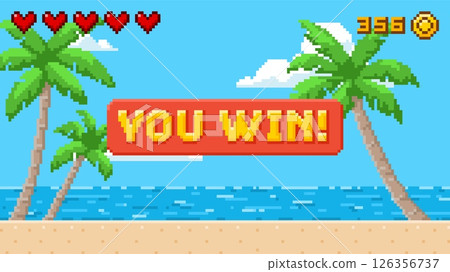 Pixel art game background with sea beach and You win message, vector ocean horizon summer day videogame coins and heart Pixel art game background with sea beach and You win message, vector ocean horizon summer day videogame coins and heart 126356737