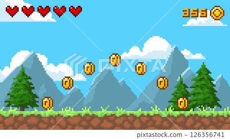 Pixel art summer day 8 bit video game background with mountains, fir trees, vector playing lifes and coins score level 126356741