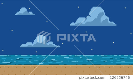 Pixel art game background with sea beach, clouds on starry sky, vector ocean horizon summer night scene 8 bit video game 126356746