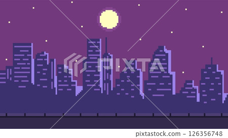 Pixel art night cityscape 8 bit video game background, vector dark skyscrapers silhouette, full moon light on starry sky Pixel art night cityscape 8 bit video game background, vector dark skyscrapers silhouette, full moon light on starry sky 126356748