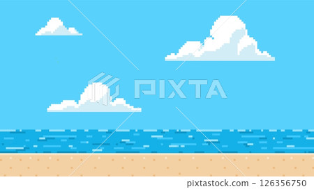 Pixel art game background with sea beach and clouds on blue sky, vector ocean horizon summer day scene 8 bit video game 126356750