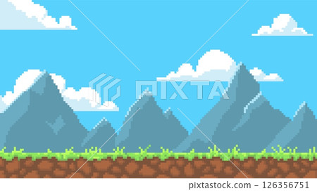 Pixel art game background with ground, mountains, grass, clouds on the blue sky, vector 8bit video game nature landscape 126356751