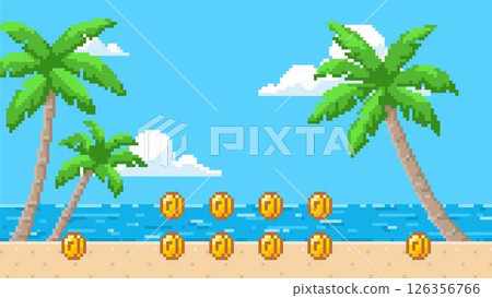 Pixel art game background with sea beach, palm trees, vector ocean horizon summer day scene with coins 8 bit videogame 126356766
