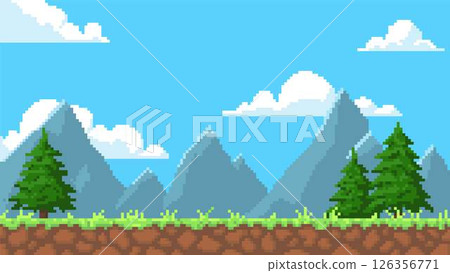 Pixel art game background with ground, mountains, fir trees, clouds on blue sky, vector 8bit video game nature landscape 126356771