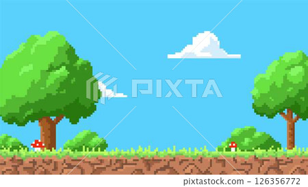 Pixel art game background with ground, grass, trees, fly agaric, blue sky and clouds, vector 8 bit video game landscape 126356772