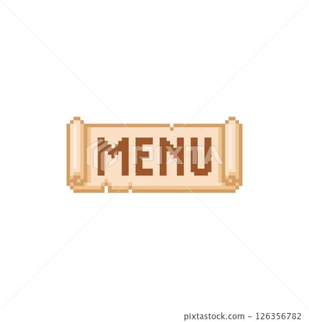 Parchment roll with MENU text, old paper scroll pixel button vector icon, retro navigation block game user interface 126356782