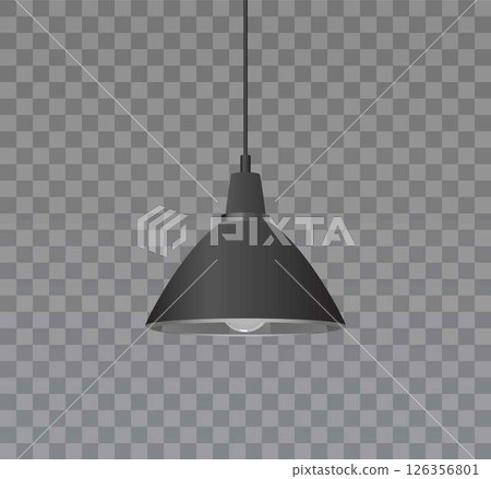 Realistic ceiling lamp with black lampshade on isolated dark transparent background. Realistic ceiling lamp with black lampshade on isolated dark transparent background. 126356801