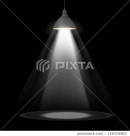 Vector illustration of switched on ceiling lamp with lampshade and light beam. 126356802