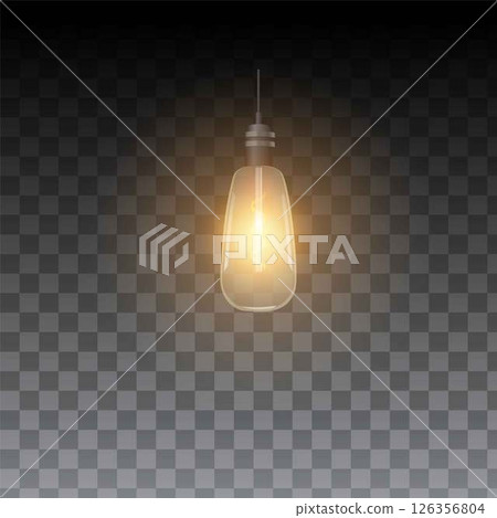 Light bulb warm light glowing, ceiling lamp switch on, realistic hanging illumination shape overlay effect vector design 126356804