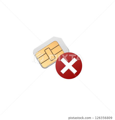 Vector illustration of SIM card with red cross icon, data transfer error. 126356809