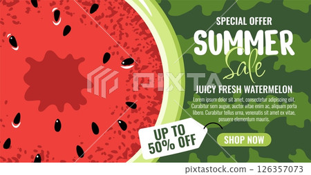 Flat Style Watermelon Promo Banner, Horizontal Layout with Fresh Fruit Design. Ideal for Seasonal Sale, Food Discount, Digital Advertising. Versatile for Social Media, E-commerce, Online Marketing 126357073