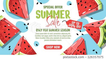 Summer Sale Banner with Watermelon, Flat Design Horizontal Promo Template. Juicy Fruit Slices Background for Discount Offer, Marketing Campaign. Perfect for Social Media, Website, Email Marketing Summer Sale Banner with Watermelon, Flat Design Horizontal Promo Template. Juicy Fruit Slices Background for Discount Offer, Marketing Campaign. Perfect for Social Media, Website, Email Marketing 126357075
