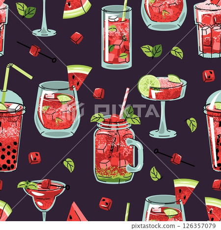 Watermelon cocktails seamless pattern. Flat summer drinks with ice cubes, mint leaves and fresh slices. Bar party decor, tropical textiles, wallpaper, beverage packaging. Vector illustration Watermelon cocktails seamless pattern. Flat summer drinks with ice cubes, mint leaves and fresh slices. Bar party decor, tropical textiles, wallpaper, beverage packaging. Vector illustration 126357079