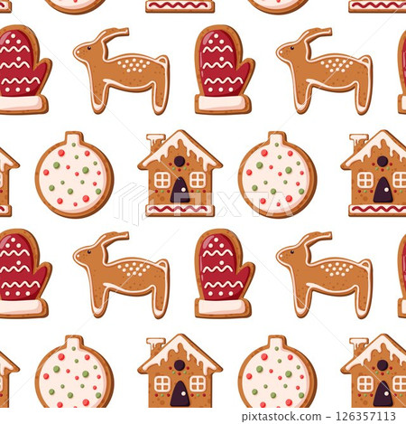 Christmas seamless pattern with gingerbread cookie in cartoon style. Merry Christmas and Happy New Year design for kitchen wallpaper and background. Winter homemade sweets. 126357113