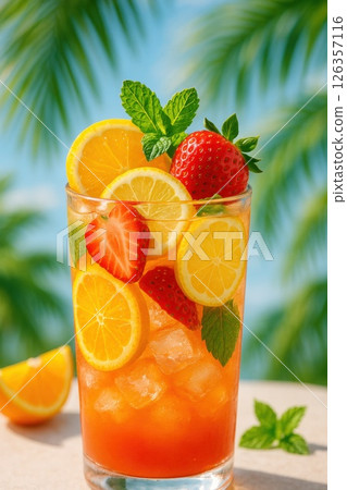 Glass of tropical mocktail with strawberries Glass of tropical mocktail with strawberries 126357116