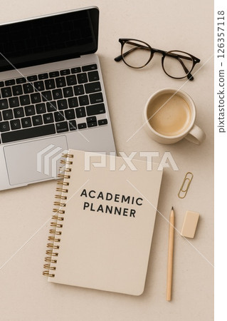 Flat lay of academic planner, laptop, glasses Flat lay of academic planner, laptop, glasses 126357118