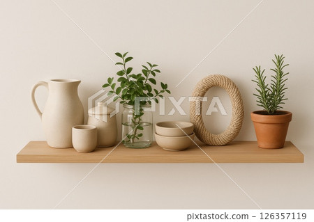 Minimalist wooden shelf with ceramic vessels Minimalist wooden shelf with ceramic vessels 126357119