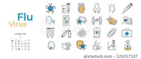 Color icon set about virus, flu, and sick symptoms. Illustrations depict cold disease signs like cough, fever, and allergy, emphasizing medical treatment, patient care, and infection control concepts. Color icon set about virus, flu, and sick symptoms. Illustrations depict cold disease signs like cough, fever, and allergy, emphasizing medical treatment, patient care, and infection control concepts. 126357187