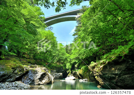 Tochigi Prefecture, Nasushiobara City, Tsuruharu Bridge and Hoki River over Shiobara Valley Tochigi Prefecture, Nasushiobara City, Tsuruharu Bridge and Hoki River over Shiobara Valley 126357478