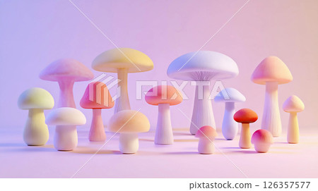 Mushrooms of various shapes and colors displayed on a soft pastel background for creative designs. 126357577
