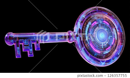 Digital futuristic key with glowing elements and circuit patterns in vibrant colors symbolizing access to advanced technology 126357755