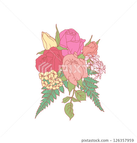 Hand drawn line art retro palette rose and geranium flowers bouquet isolated on white background 126357959
