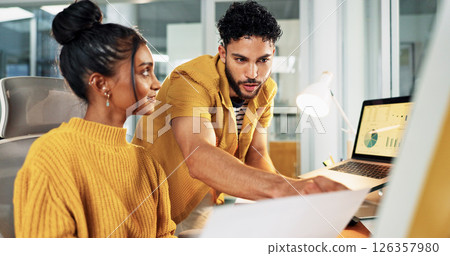 Creative, graphs and business people in office, computer and teamwork for sales agency. Employees, man and woman in workplace, documents and charts for social media subscription, talk and cooperation 126357980