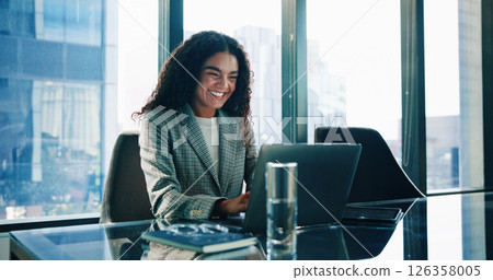 Finance, laptop and smile of business woman in office of investment firm for portfolio growth. Computer, money and wealth with happy broker or trader in corporate workplace for planning or research 126358005