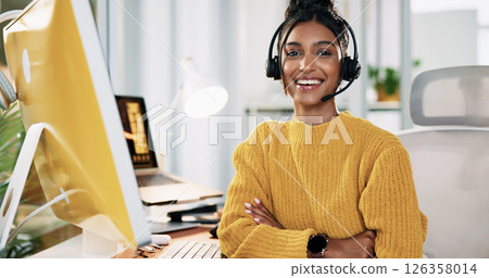 Call center, agent and woman with headset, arms crossed and confident for customer service and smile. Business, representative and person with pride for sales, communication and portrait in India 126358014