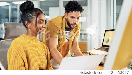 Creative, advice or people with paperwork in office for website code feedback, design layout review or teamwork. Collaboration, programmer and designer with discussion of site development or planning 126358017