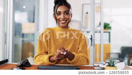 Woman, portrait and video call with smile for presentation, webinar or virtual meeting. Happy, female person or creative employee with POV for online communication or discussion at workplace office 126358035