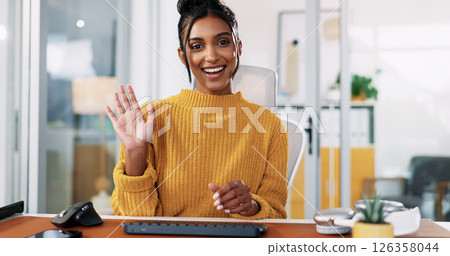 Woman, portrait or video call with wave for presentation, webinar or virtual meeting POV. Happy, person or creative employee with smile for online communication or discussion at workplace office Woman, portrait or video call with wave for presentation, webinar or virtual meeting POV. Happy, person or creative employee with smile for online communication or discussion at workplace office 126358044