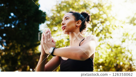 Breathing, meditation and yoga with woman in park for holistic exercise or wellness routine. Awareness, balance and inner peace with yogi person outdoor in nature for fitness, mindfulness or pilates Breathing, meditation and yoga with woman in park for holistic exercise or wellness routine. Awareness, balance and inner peace with yogi person outdoor in nature for fitness, mindfulness or pilates 126358062