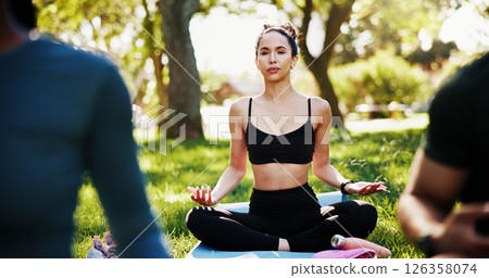 Meditation, yoga and woman in park for mindfulness, healing aura or spiritual mental health. Zen, yogi girl and peaceful group in nature with fresh air, energy balance or relax chakra outdoors Meditation, yoga and woman in park for mindfulness, healing aura or spiritual mental health. Zen, yogi girl and peaceful group in nature with fresh air, energy balance or relax chakra outdoors 126358074