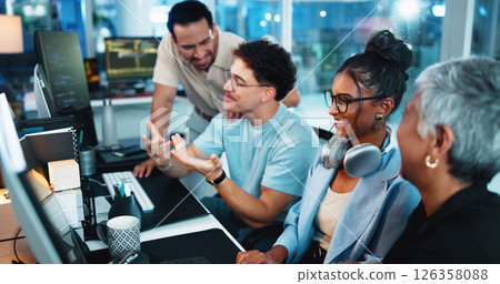 Laughing, programmer and group with computer, discussion and brainstorming for algorithm on website. Collaboration, colleagues and people with technology for new code, talking or planning with system 126358088