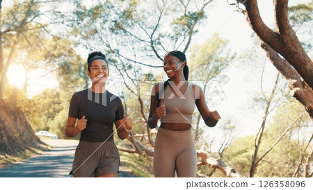 Running, smile and team with friends in nature for personal trainer, workout partner and health. Wellness, exercise club and coaching with women outdoor for performance, training and challenge Running, smile and team with friends in nature for personal trainer, workout partner and health. Wellness, exercise club and coaching with women outdoor for performance, training and challenge 126358096