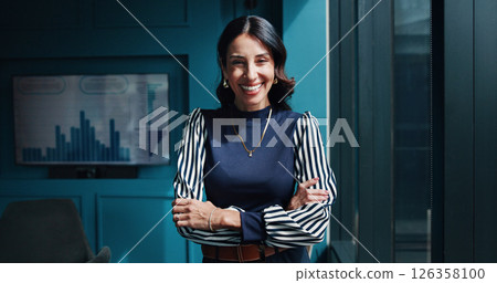 Portrait, smile and woman with arms crossed, office and confident for financial growth and corporate. Proud, entrepreneur and mature person with ambition for business, opportunity and happy in USA 126358100