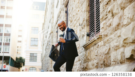 Dancing, lawyer and black man in city, smile and promotion with success, energy and briefcase. African person, outdoor and happy attorney with victory, movement and job opportunity with achievement 126358138