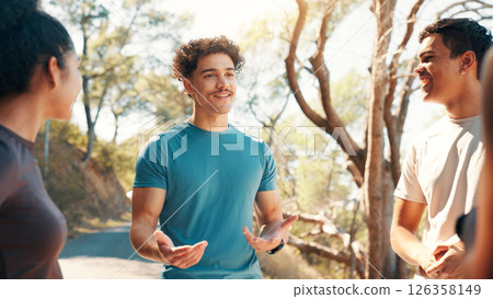 Running, talking and team with friends in nature for fitness, workout partners and health. Wellness, exercise club and support with people outdoor for performance, training and challenge together Running, talking and team with friends in nature for fitness, workout partners and health. Wellness, exercise club and support with people outdoor for performance, training and challenge together 126358149