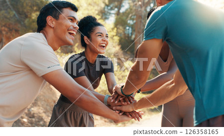 Exercise, huddle and running with friends outdoor together for bonding, motivation or support. Excited, fitness and stack of hands with group of people in circle for practice, training or workout 126358165