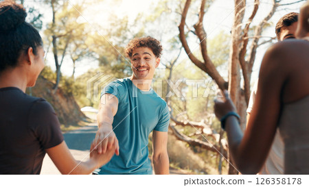 Running, hands together and team with friends in nature for fitness, workout partners and health. Wellness, exercise club and support with people outdoor for performance, training and challenge Running, hands together and team with friends in nature for fitness, workout partners and health. Wellness, exercise club and support with people outdoor for performance, training and challenge 126358178