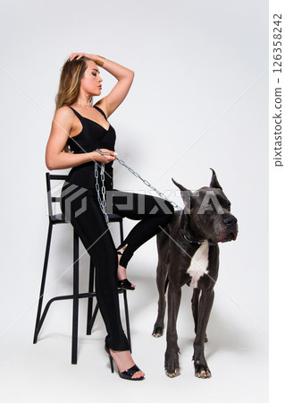 Portrait of beautiful slender model dressed in the black suit with german dogge on a white background 126358242