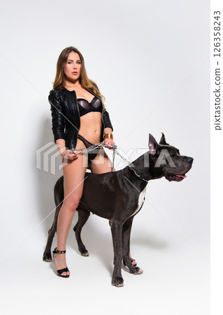 Portrait of beautiful seductive model dressed in the black lingerie and jacket with german dogge on a white background 126358243