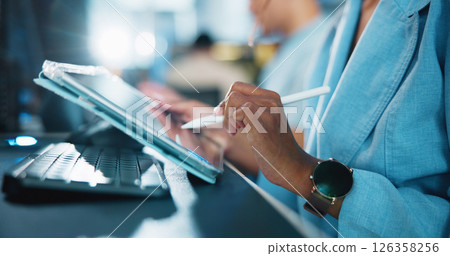 Tablet, developer and pen with hands of person in office for game designer, coding app and ux update. Software development, graphics upgrade and level gameplay with closeup of employee in agency 126358256