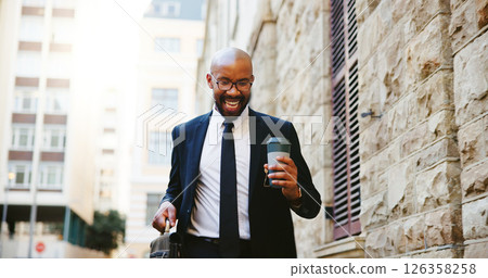 Dancing, lawyer and black man with smile, outdoor and promotion with energy, winning and briefcase. African person, success and happy attorney with victory, movement and job opportunity with coffee Dancing, lawyer and black man with smile, outdoor and promotion with energy, winning and briefcase. African person, success and happy attorney with victory, movement and job opportunity with coffee 126358258