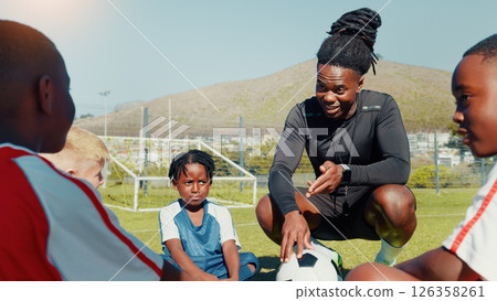 Soccer, children and coach with ball for teamwork, training and formation on field. Man, football group and planning game for strategy, discussion and exercise for tournament or goal practice 126358261