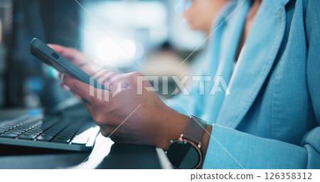 Office, hands and keyboard with smartphone for chat, online conversation and connection for contact. Flare, business person and worker on break with mobile, app and social media for scroll in closeup 126358312